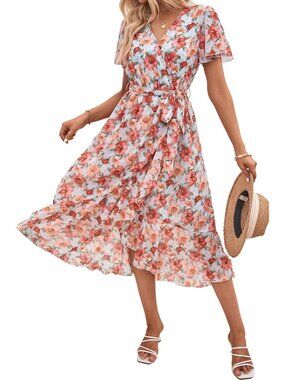 Women's Green Pink Floral V Neck Casual Short Sleeve Outfits Pull On Maxi Dress